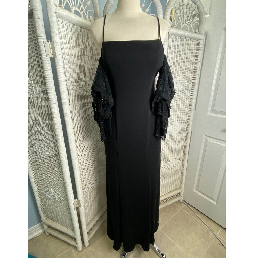 Cassandra Stone Black Beaded Lace Gown Off Shoulder Layered Sleeve Formal 10‎